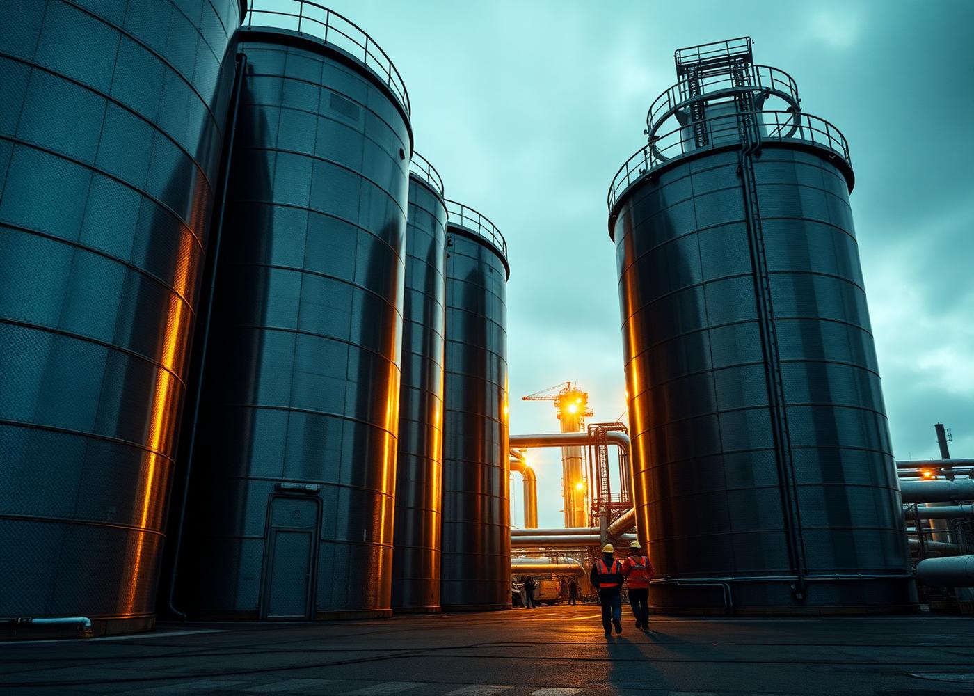 Industrial storage tanks with engineers